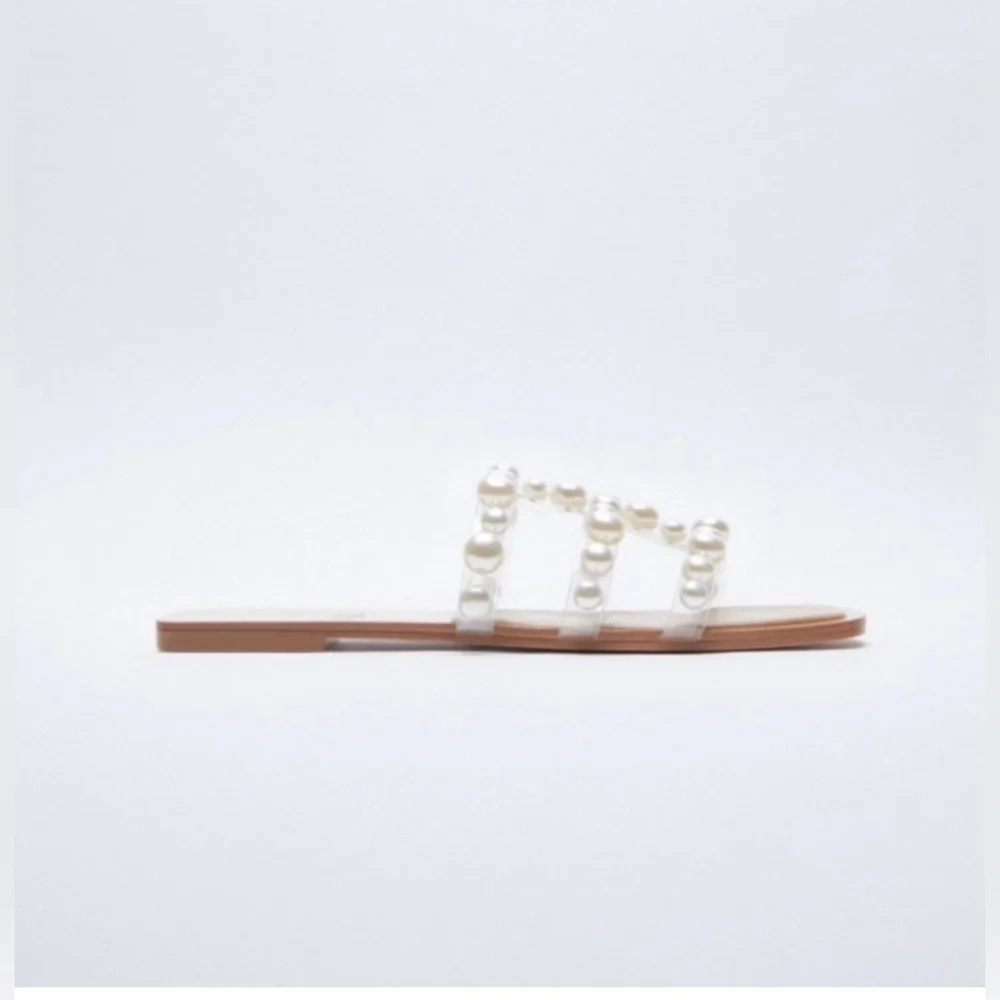 Zara Tan Pearl Embellished Sandals, Size 37(7) - Picture 2 of 10